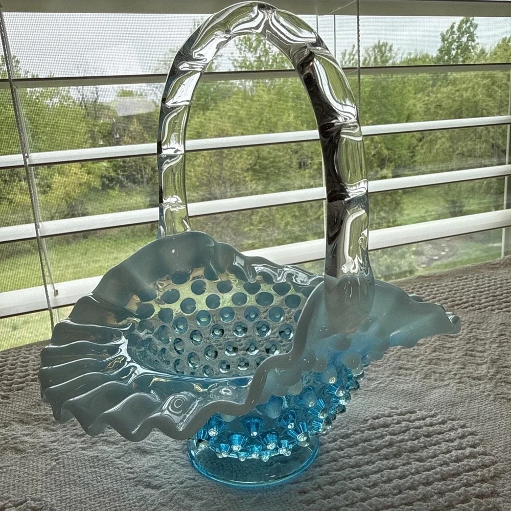 Fenton Blue Opalescent Hobnail Small‎ Basket Ruffled Glass with Handle Vintage